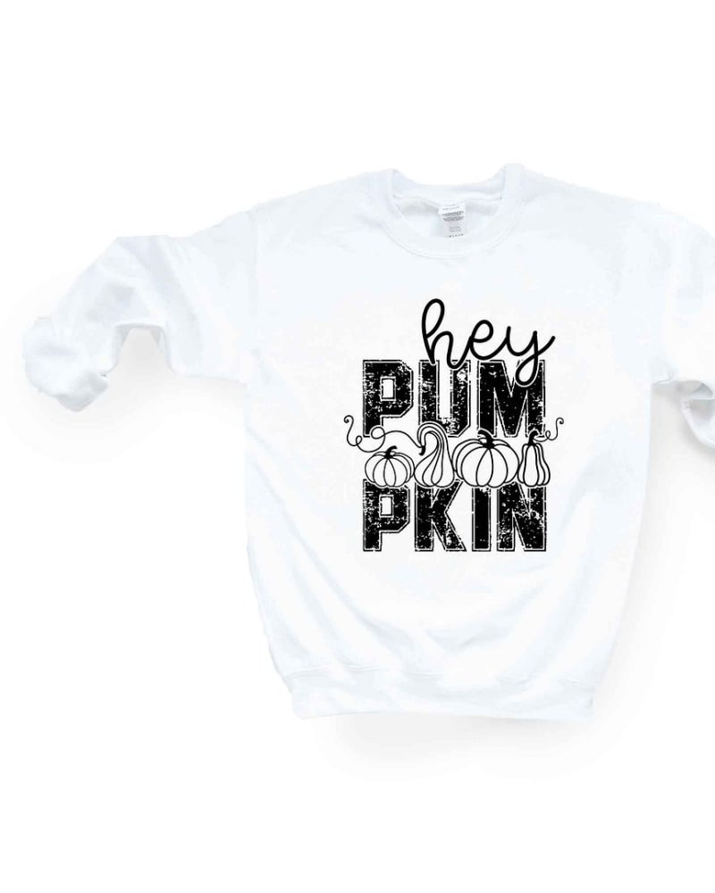 Front of a size XL Hey Pumpkin Distressed Graphic Sweatshirt in White by Simply Sage Market. | dia_product_style_image_id:301582